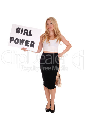 Blond woman holding sign GIRL POWER.