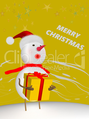 Snowman with santa hat carrying package