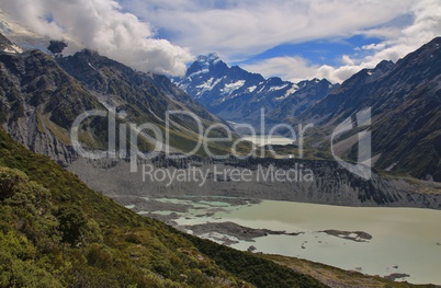 Glacier lakes and distant view of Mt Cook