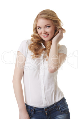 Smiling model in casual clothes, isolated on white