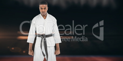 Composite image of portrait of serious karate player