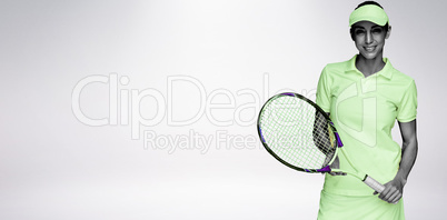 Composite image of female athlete posing with tennis racket