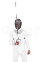 Man wearing fencing suit practicing with sword