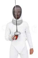 Man wearing fencing suit practicing with sword