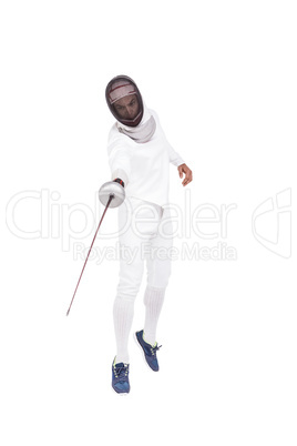 Man wearing fencing suit practicing with sword