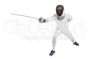 Man wearing fencing suit practicing with sword