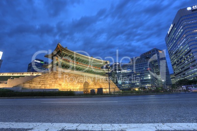 Gorgeous palace with a contrast of gorgeous skyline in Seoul, South Korea