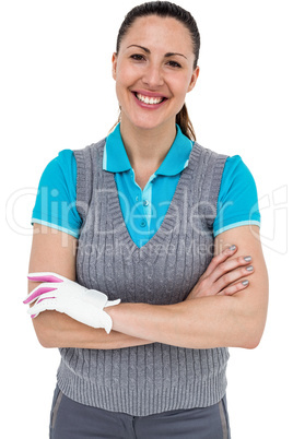 Golf player standing on white background