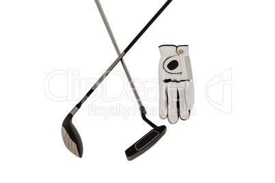 Golf club and glove on white background