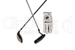 Golf club and glove on white background