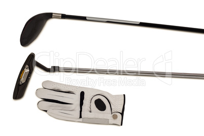 Golf club and glove on white background