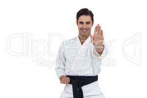 Portrait of fighter performing karate stance