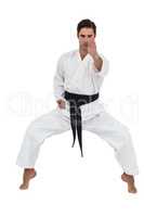 Portrait of fighter performing karate stance