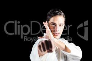Portrait of fighter performing karate stance