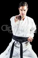 Portrait of fighter performing karate stance