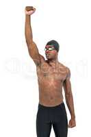 Swimmer posing after victory