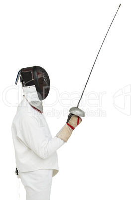 Man wearing fencing suit practicing with sword