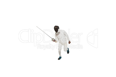 Man wearing fencing suit practicing with sword