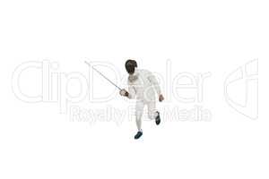 Man wearing fencing suit practicing with sword