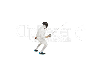 Man wearing fencing suit practicing with sword