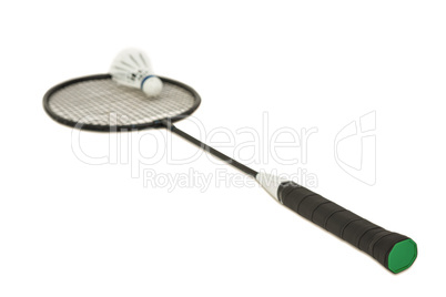 Badminton racket with feather shuttlecock on white background