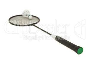 Badminton racket with feather shuttlecock on white background