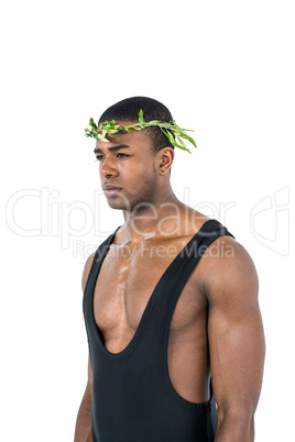 Athlete wearing a laurel wreath on white background