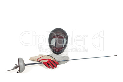 Fencing mask, sword and gloves on white background