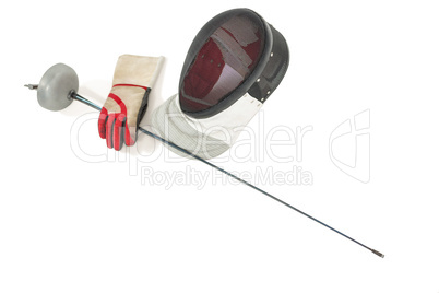 Fencing mask, sword and gloves on white background