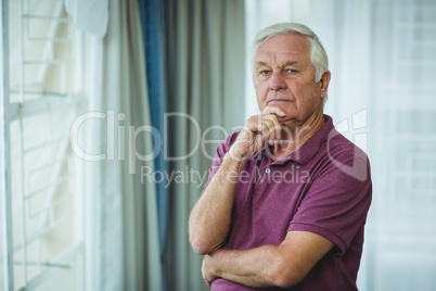 Portrait of senior man standing with hand on chin