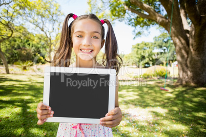 Young girl holding digital tablet in park