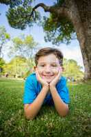 Smiling young boy lying on grass