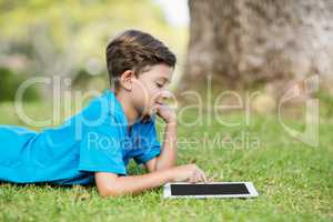 Young boy using digital tablet in park