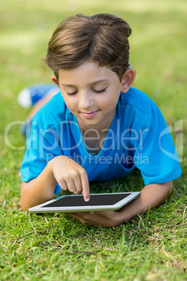 Young boy using digital tablet in park