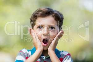 Young boy making surprise expression while pulling out funny faces