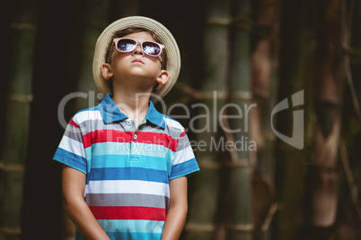 Young boy in sunglasses standing in forest