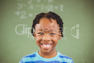 Portrait of happy schoolboy smiling in classroom