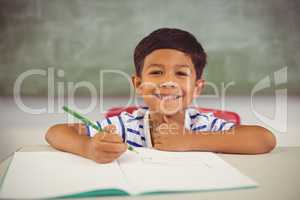 Portrait of boy doing homework in classroom