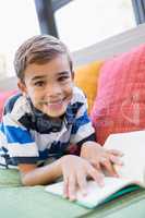 Schoolboy lying on sofa and reading book