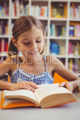 Smiling school girl reading a book in library