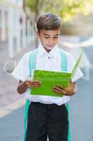 Happy schoolboy reading book in campus