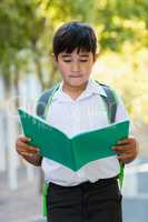 Happy schoolboy reading book in campus