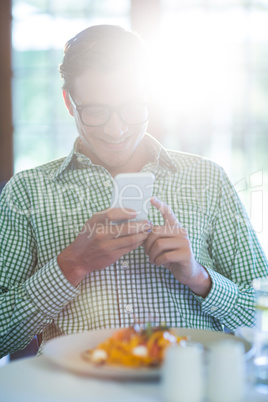 Man using mobile phone while having a lunch