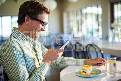 Man using mobile phone while having a lunch