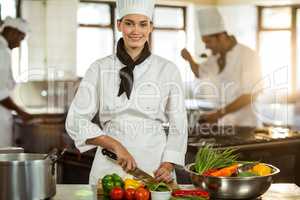 Portrait of female chef cutting vegetables