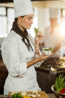 Young female chef smelling herb