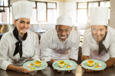 Portrait of smiling chefs team holding dessert plates