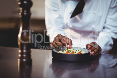 Mid section of chef preparing a salad