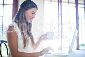 Smiling woman using a laptop while having a coffee