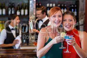 Portrait of friends holding a cocktail in front of bar counter